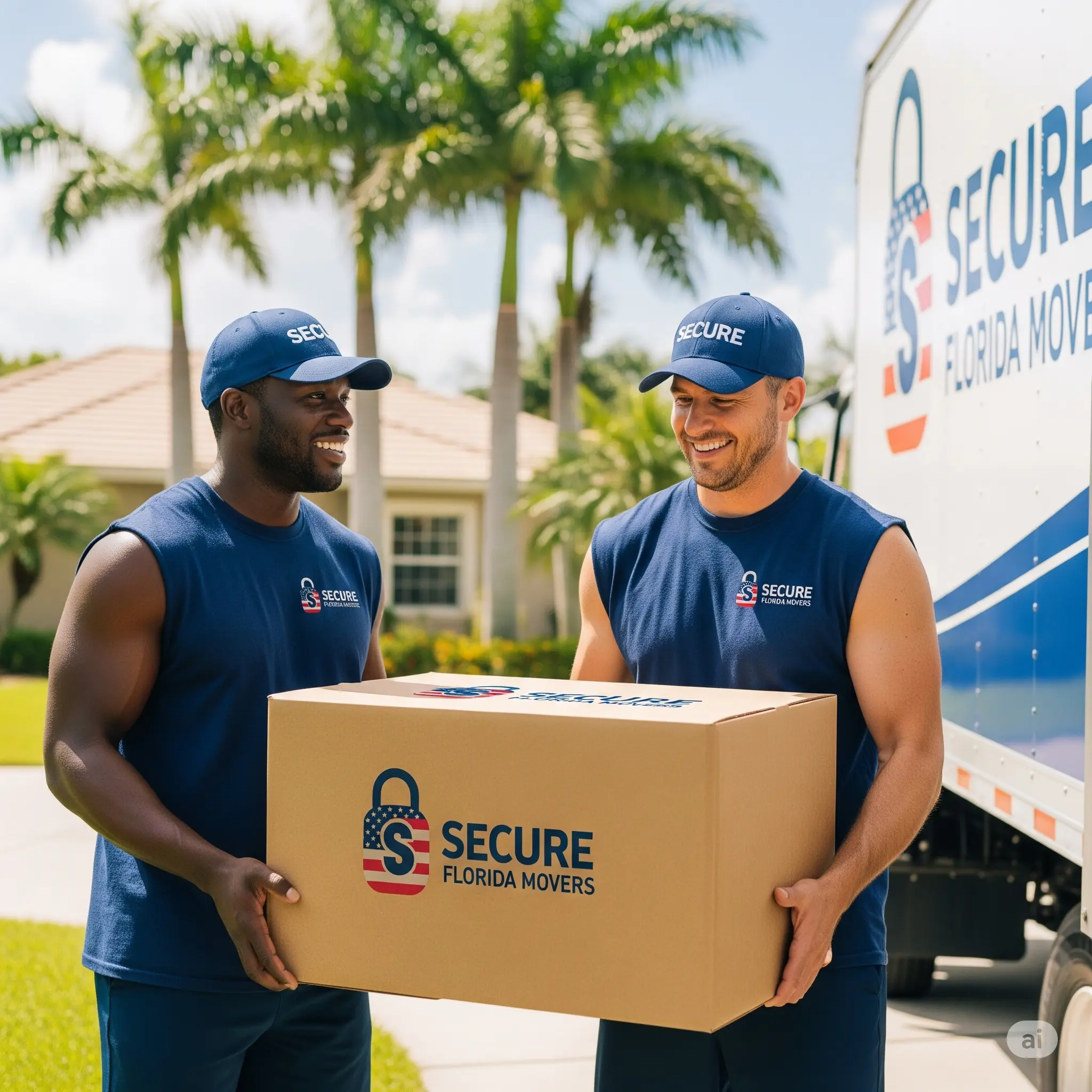 A moving truck in front of a house on a sunny Florida day.