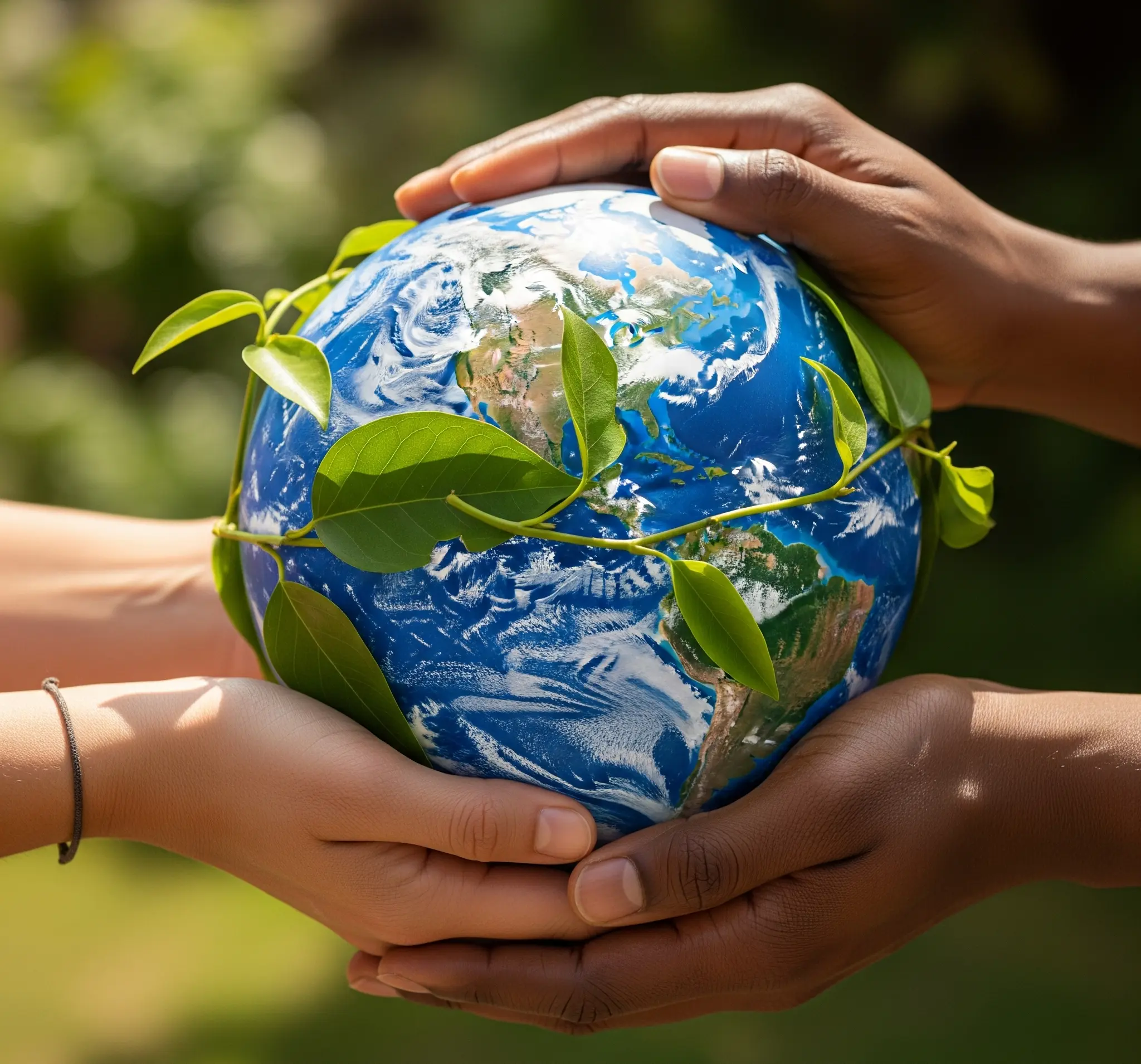Hands holding a globe with green leaves, symbolizing eco-friendly practices.