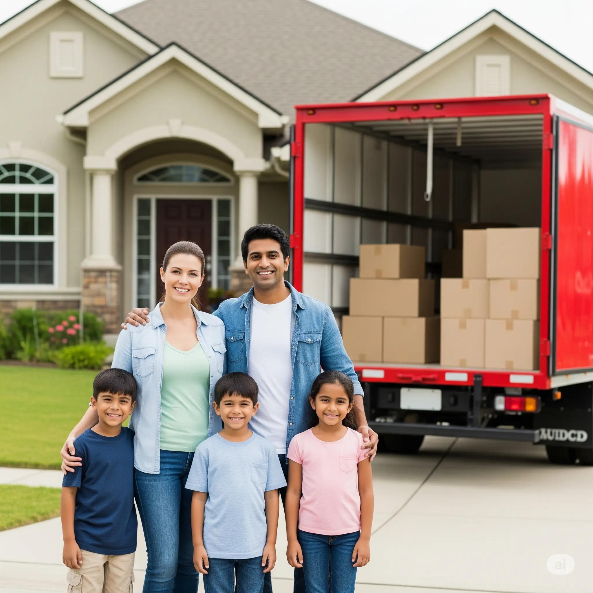 Smiling family in front of their new home with a moving truck