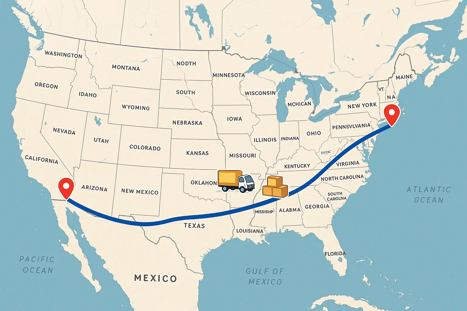 Map showing a long-distance moving route across the United States