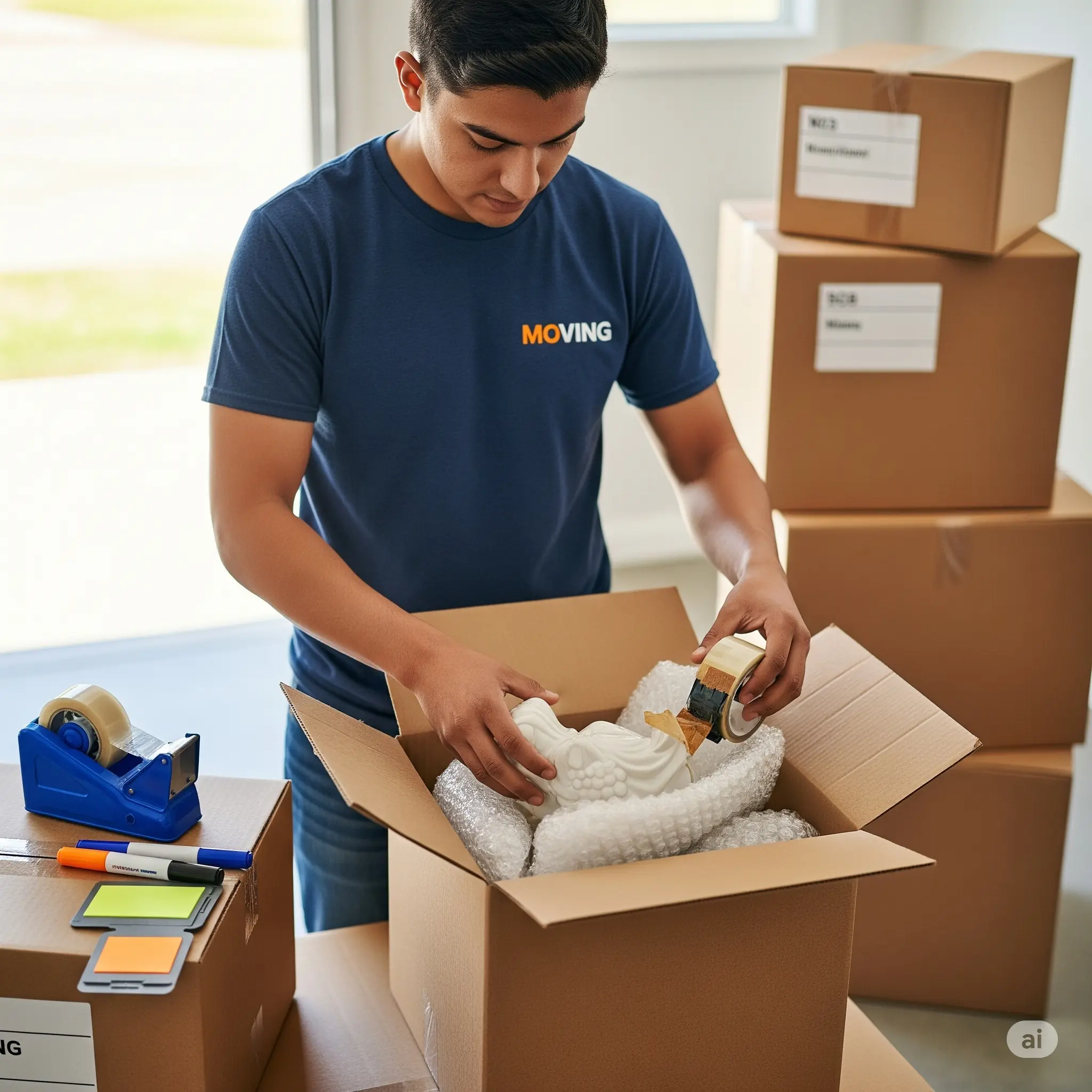Person carefully packing a box with professional moving supplies